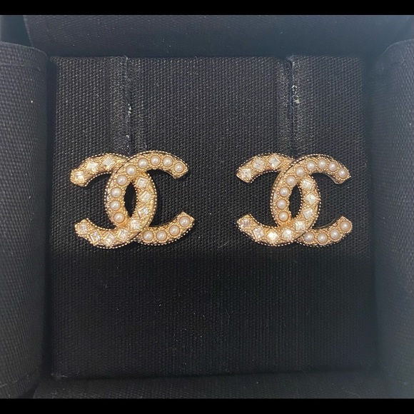 CHANEL Jewelry - Chanel CC logo studs custom jewelry half crystals half pearls hard to find!